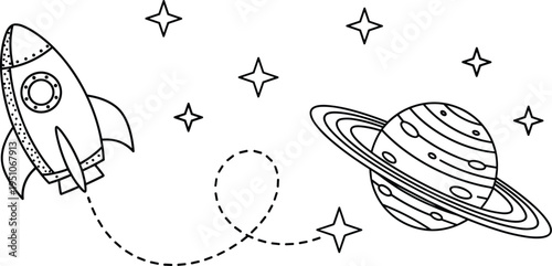 rocket, space, planet, stars, galaxy, orbit, doodle, outline, cartoon, universe, exploration, cosmic, adventure, astronomy, simple, kids, coloring, fantasy, 