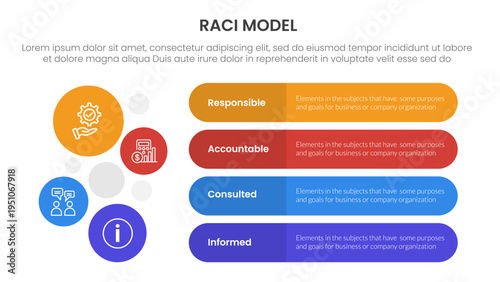 RACI model infographic 4 point stage template with round rectangle box and circle combination vertical direction for slide presentation