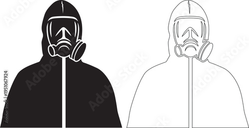 Person in Hazmat Suit with Gas Mask Silhouette and Outline