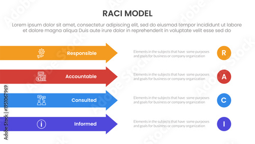RACI model infographic 4 point stage template with rectangle arrow right direction vertical stack for slide presentation