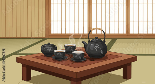 Traditional Japanese Tea Set on Low Table in Tatami Room