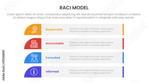 RACI model infographic 4 point stage template with long rectangle box vertical stack for slide presentation