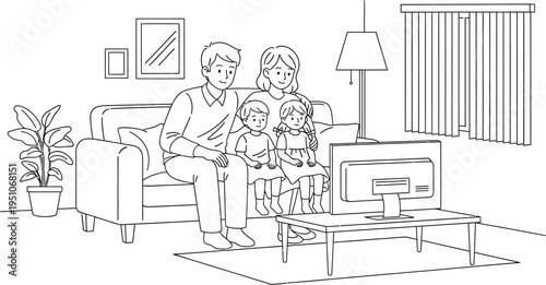 Happy family with two children sitting comfortably on the sofa together watching television in their living room, enjoying quality time.