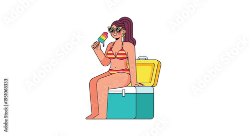 Vector illustration of woman in bikini sitting on cooler with drink