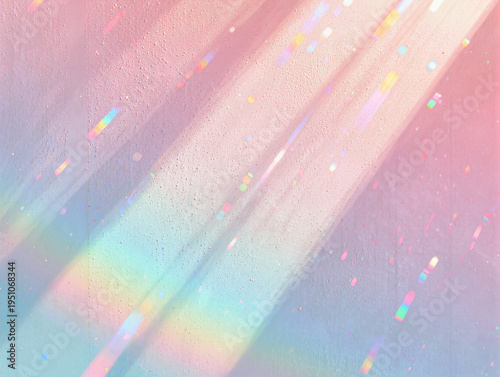 虹色の光が差し込むピンクと水色の抽象背景グラデーション。プリズムの反射が美しい幻想的なテクスチャ