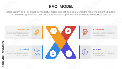 RACI model infographic 4 point stage template with x cross shape and rectangle box for slide presentation