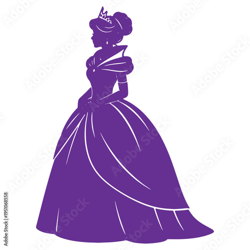 Elegant purple silhouette of a princess adorned with a tiara wearing a voluminous ball gown elegantly posing with hands clasped isolated on transparent background representing royalty and fairy tales