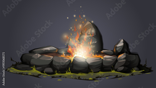 Bonfire in a stone circle. Vector illustration.