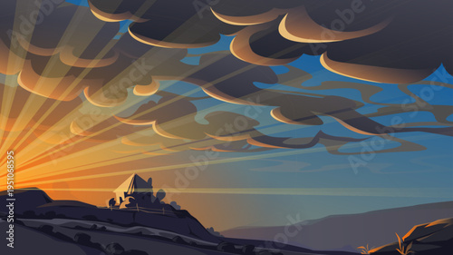 Sunset vector illustration. Dramatic sky and sun rays.