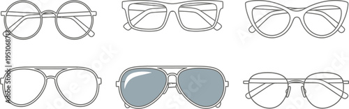 Collection of six distinct eyeglass and sunglass frame styles illustrated in simple black outline icons