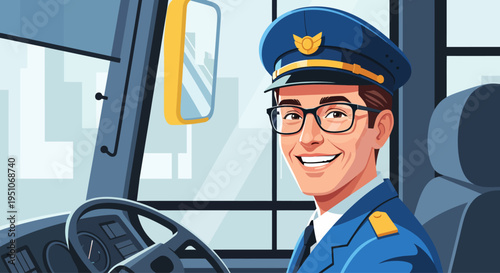 The bus driver sits in the cabin and smiles