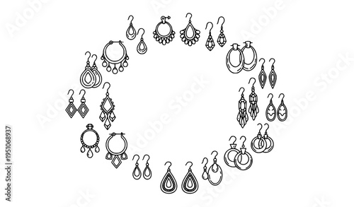 Earrings line art icon set with jewelry accessories in thin outline style isolated on white background
