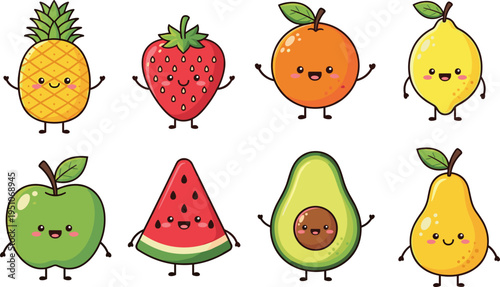 Set of cute kawaii fruit characters including pineapple strawberry orange lemon apple watermelon avocado and pear isolated on white background for children design