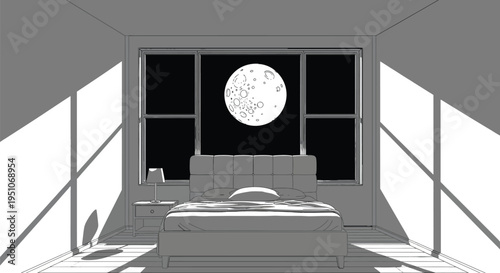 Minimalist bedroom interior design features strong geometric shadows cast by sunlight near the large window view of the moon.