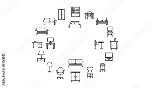 Hand drawn furniture icon set with home decor items in sketch style isolated on white background