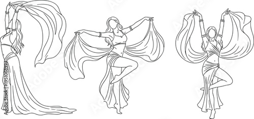 Set of elegant belly dancer outlines featuring three women in traditional costumes with flowing silk veils performing graceful dance movements on white background