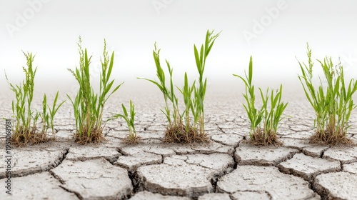 Green seedlings growing on cracked dry soil concept of drought and climate change