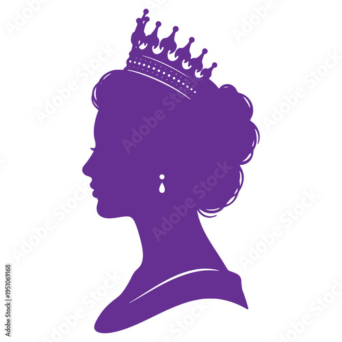 Elegant purple silhouette profile of a regal queen wearing a jeweled crown and a teardrop earring isolated on a transparent background