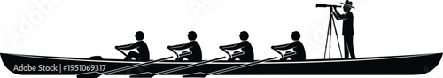 Rowing team boat silhouette with coach using telescope teamwork sport rowing crew training water competition black white vector illustration