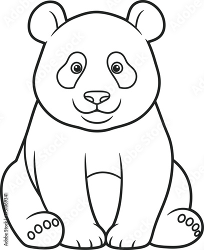 Simple black and white line art drawing of a happy baby panda sitting and waiting to be colored in.