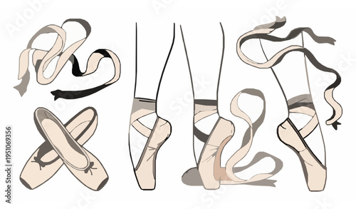 Dynamic ballet pointe shoes set with crossed and moving ribbon poses flat vector illustration