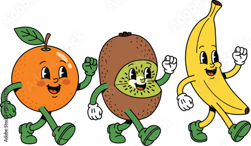 Set of retro cartoon fruit characters featuring happy walking orange kiwi and banana mascots isolated on white background for healthy food design projects