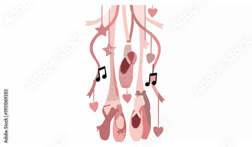 Ballet pointe shoes hanging with ribbons and dance symbols cute decorative vector illustration