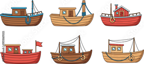 Set of wooden fishing boat illustrations collection featuring vintage nautical vessels trawlers and tugboats cad drawing flat vector illustration icons on white background