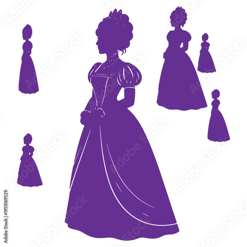 Elegant purple silhouettes of women in elaborate historical ball gowns and elaborate hairstyles representing royalty and aristocratic fashion from a bygone era