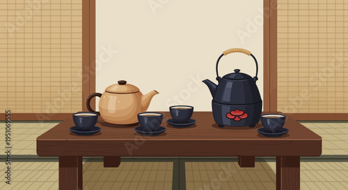 Traditional Japanese Tea Ceremony Setup with Teapot and Cups on Wooden Table