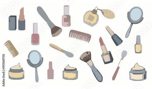 Hand drawn beauty icon set with cosmetics and self care items in sketch style isolated on white background