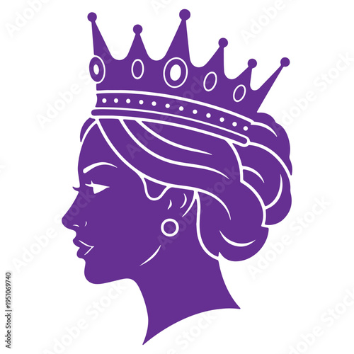 Elegant royal profile silhouette of a queen wearing a majestic crown and earrings symbolizing power and beauty in a striking purple hue isolated on white