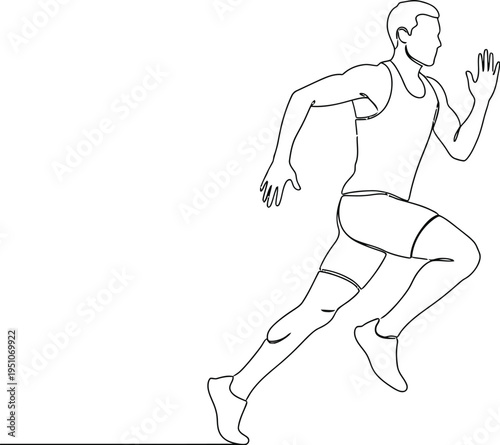 Continuous line drawing depicts an athletic male runner in full stride showcasing dynamic movement and fitness energy