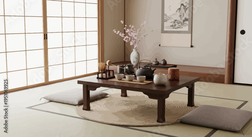 Traditional Japanese interior with tatami mat and low table setting