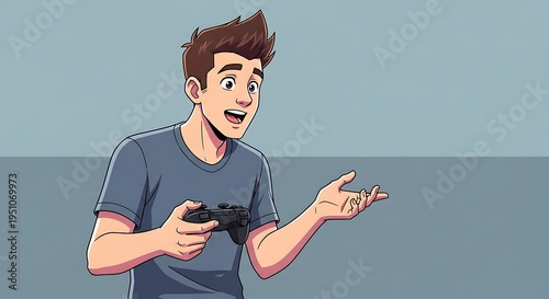 Animated young man enthusiastically interacts while holding a game controller