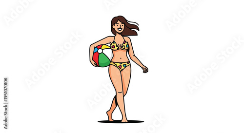 Vector illustration of woman in bikini holding beach ball