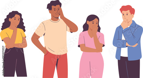 thinking people characters set, confused thoughtful men and women cartoon illustration, problem solving concept, decision making emotions vector
