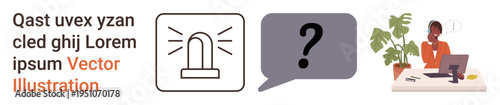 Emergency notifications, problem-solving, communication, remote work, professional workspace, information sharing. A siren icon, question mark and a woman at a desk. Communication