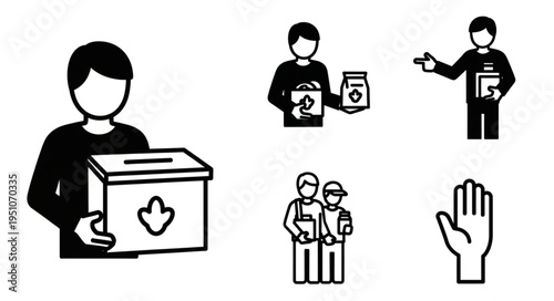 Charity and Donation Icons - Volunteers, Boxes, and Open Hand.