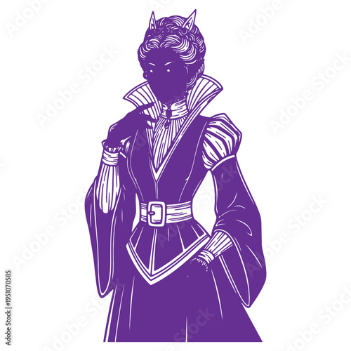 Elegant Victorianera woman with cat ears and striking purple attire striking a thoughtful pose in a stylized linocut design evoking a sense of mystery and sophistication