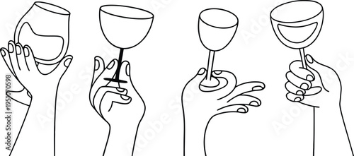 Minimal line art hands holding wine glasses in elegant continuous drawing style. Modern illustration of celebration, dining, and social moments with expressive gestures. Perfect for restaurant 