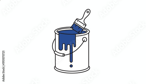 Blue Paint Can With Dripping Paint and Brush
