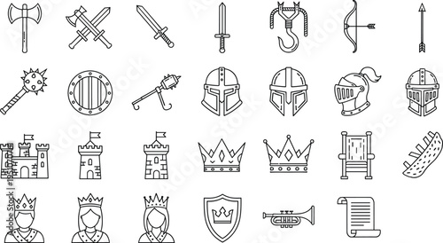 Medieval kingdom icon set with swords crowns shields castles helmets and weapons, fantasy royal line illustration collection isolated