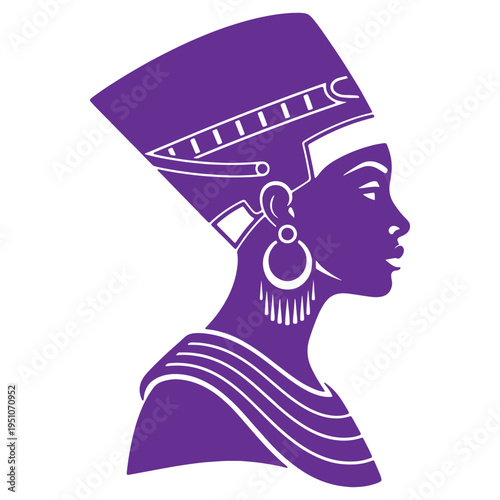 Iconic profile silhouette of an ancient Egyptian queen or pharaoh adorned with intricate headdress and jewelry representing royalty and historical significance in a stylized graphic