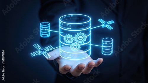 Cloud database management system concept with holographic server and satellite connections,data storage,processing and distributed network technology in business environment