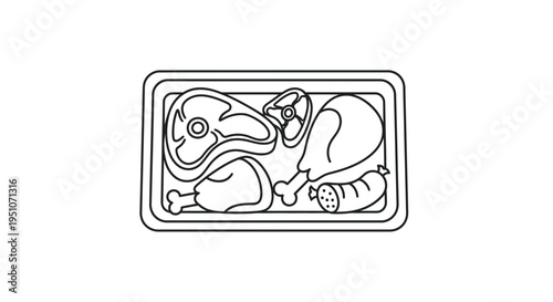 Assorted Raw Meat Products in Tray: Steak, Chicken Drumstick, Sausage, and Pork Chop