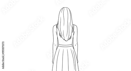 Back View of a Young Woman with Long Hair in a Dress, Minimalist Line Art Illustration