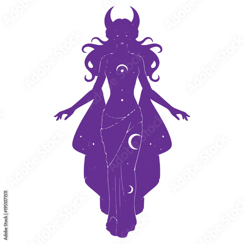 Mysterious celestial goddess figure with crescent moon and stars adorning her flowing gown and mystical horns isolated on a plain background perfect for esoteric and fantasy graphic design projects