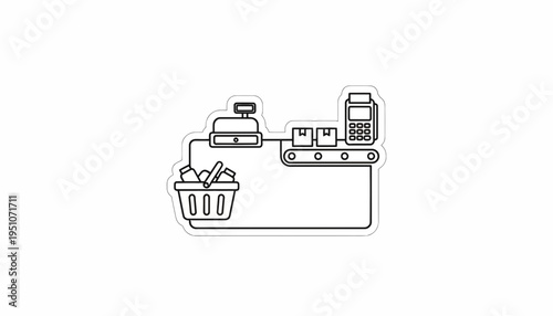 Supermarket checkout process: shopping cart, cash register, conveyor belt, payment terminal.