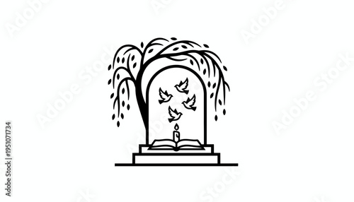 Symbolic Open Book with Candle and Birds Flying Out Under a Tree